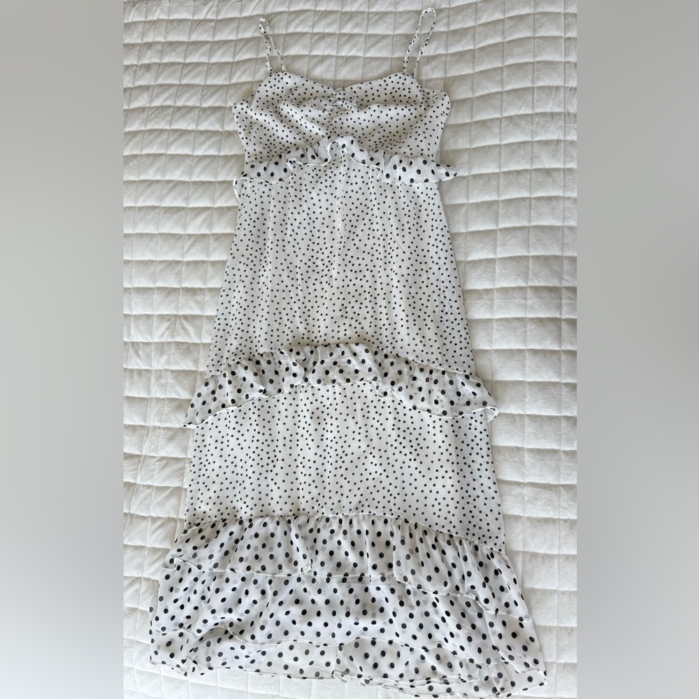 Black and White Tiered Polkadot Ruffled Midi Sundress